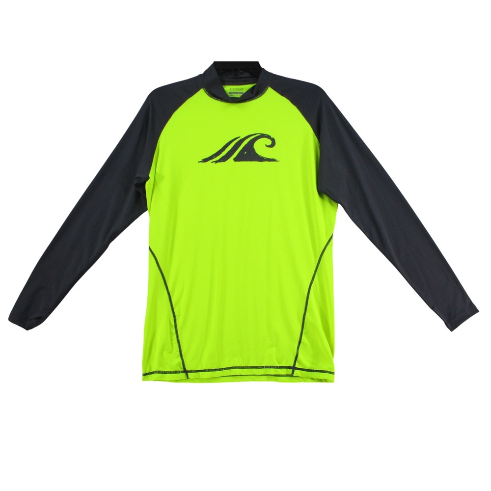 Tesla Mens Long Sleeve Rash Guard Neon Green Gray Wave Graphic Swim Shirt Small
